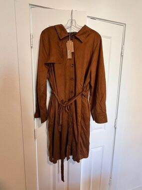 BloomChic Brown Long-Sleeve Button-Front Shirt Dress with Waist Tie
